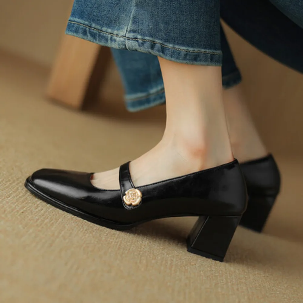 Women Shoes High Heels Vintage Mary Jane Shoes Spring Black Brown Leather Shoes Leather Leather Heels Square Toe Buckle Strap