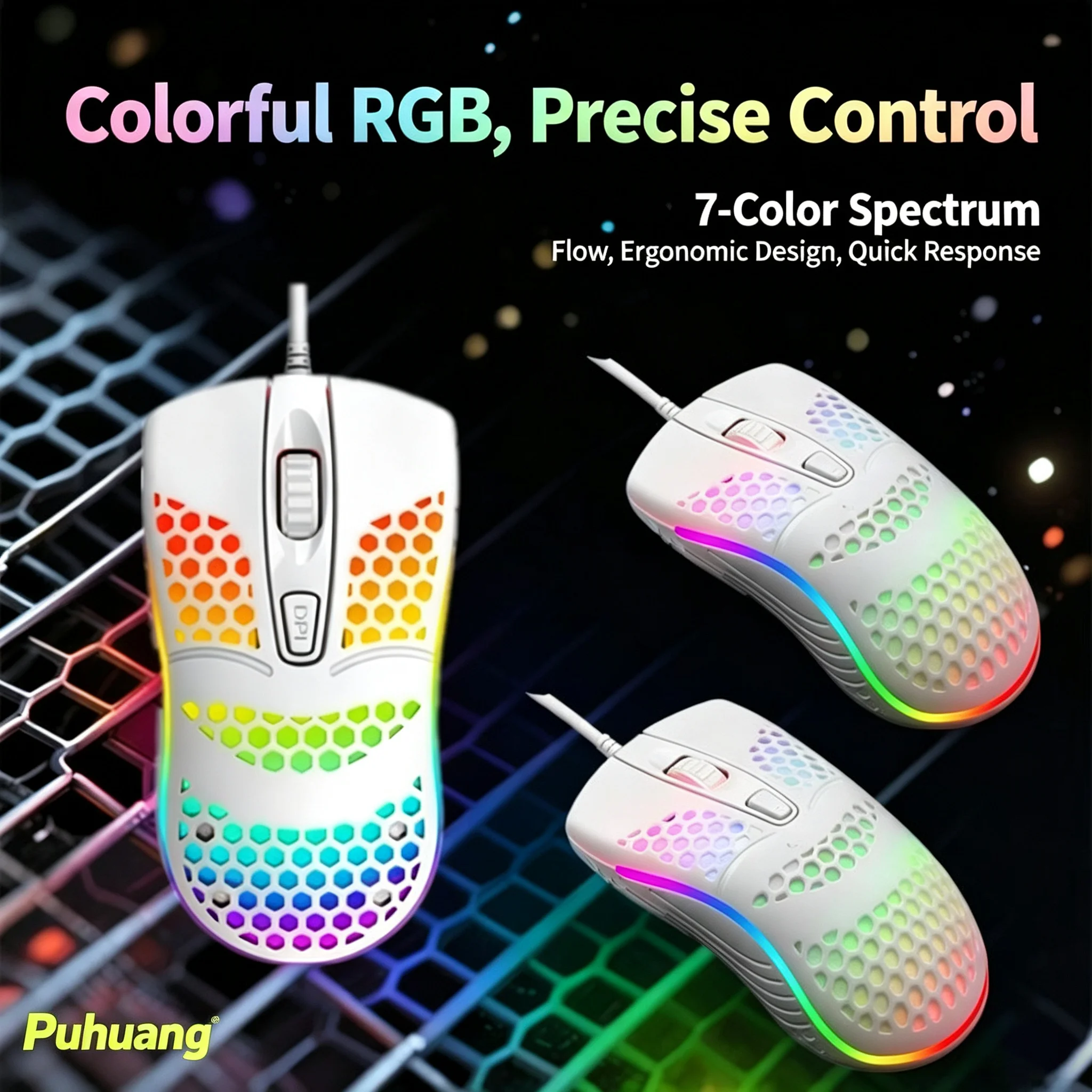 USB Lightweight Honeycomb Wired Gaming Mouse, RGB Colorful LED Backlit 4 Buttons Ergonomic USB Mouse for PC Laptop