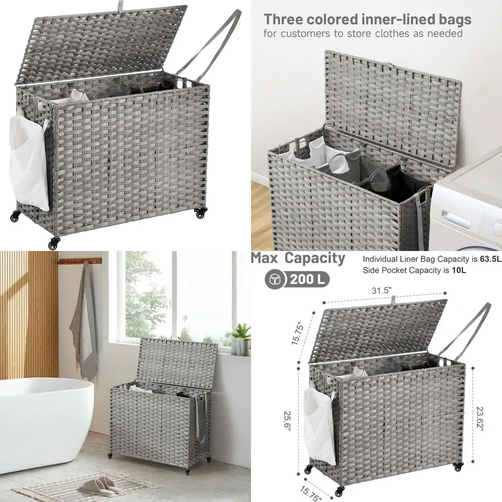 

Корзина для белья на колесиках 200 л с крышкой, 3-цветными съемными вкладышами и 3 сетчатыми мешками, серая