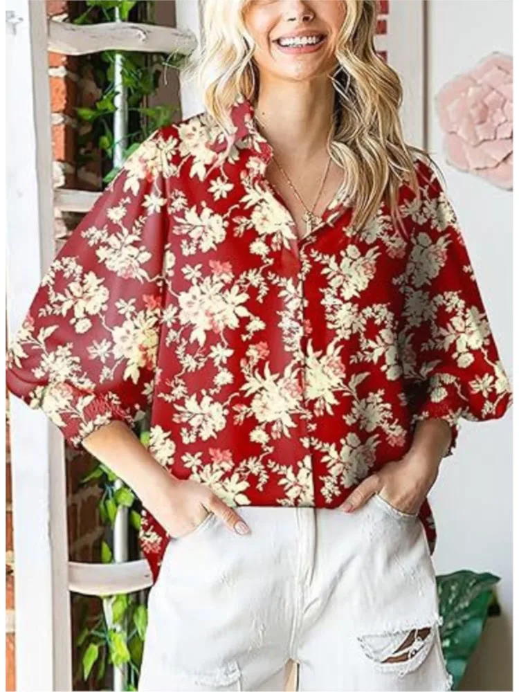 Blusa holgada informal de manga larga con solapa para mujer, camisa elegante con estampado de linterna para oficina, primavera y otoño, 2024