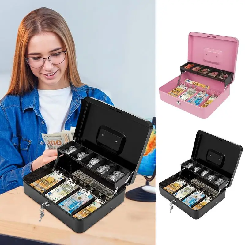 Cash Box With Lock And 2 Keys Locking Cash Box With Money Tray Cash Register Drawer 4 Bill/5 Coin Slots Portable Lock Safe Box