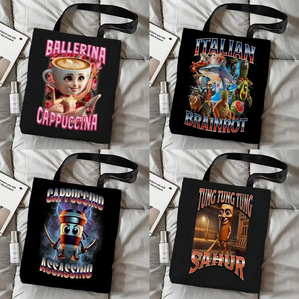 Cappuccino Assassino Ninja Coffee Cup Storage Bags Double-Sided Printed Canvas Tote Bag Large Capacity Women Shoulder Handbag