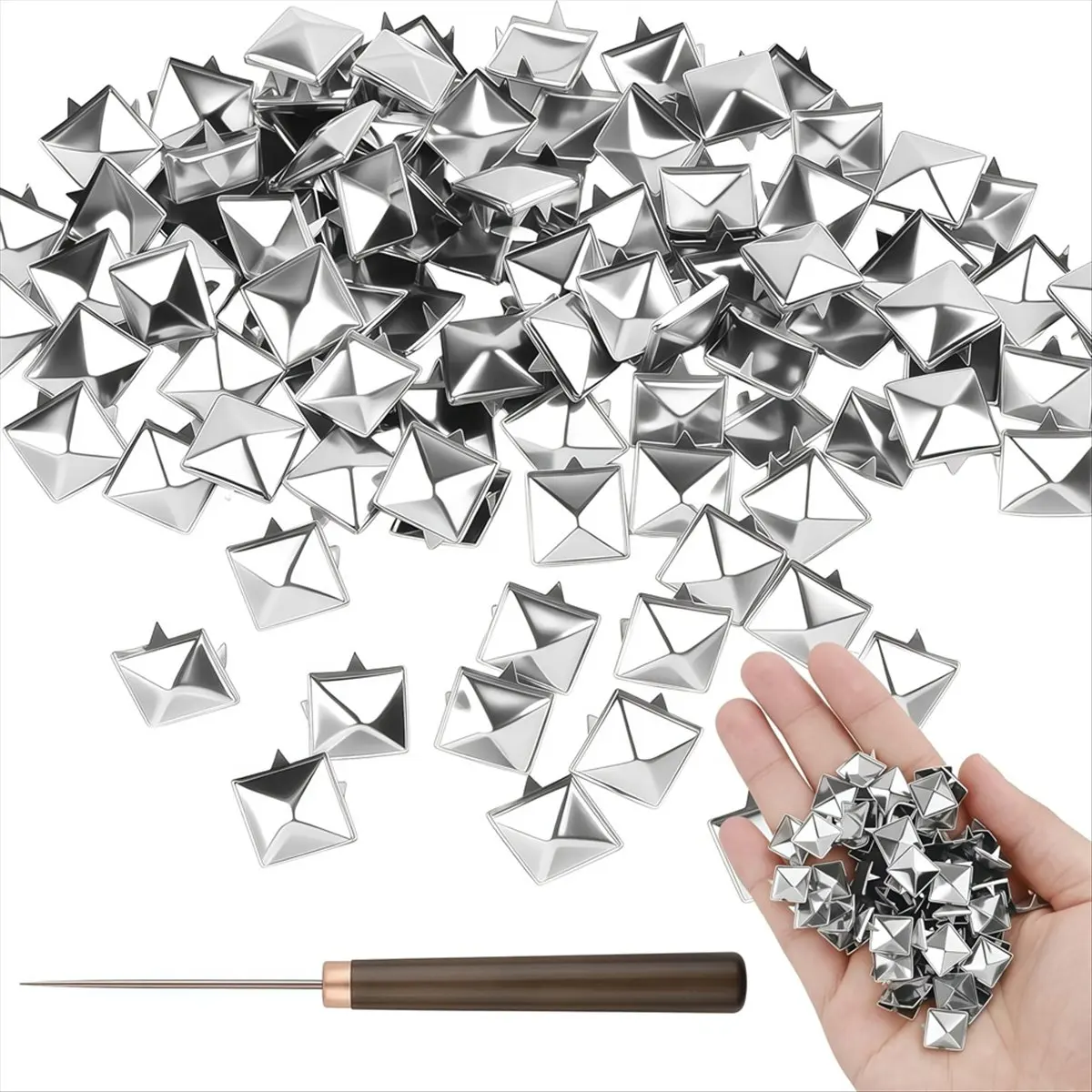 A45I 100Pcs 10mm Square Pyramid Studs, Metal Claw Nailhead Spike Rivets with Wooden Handle Awl Tool for Punk Rock Clothing B