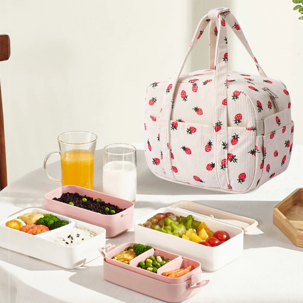 

New Corduroy Lunch Bag Thermal Insulation Lunch Box Storage Handbag Multifunctional Kid School Cooler Bag Picnic FoodPouch