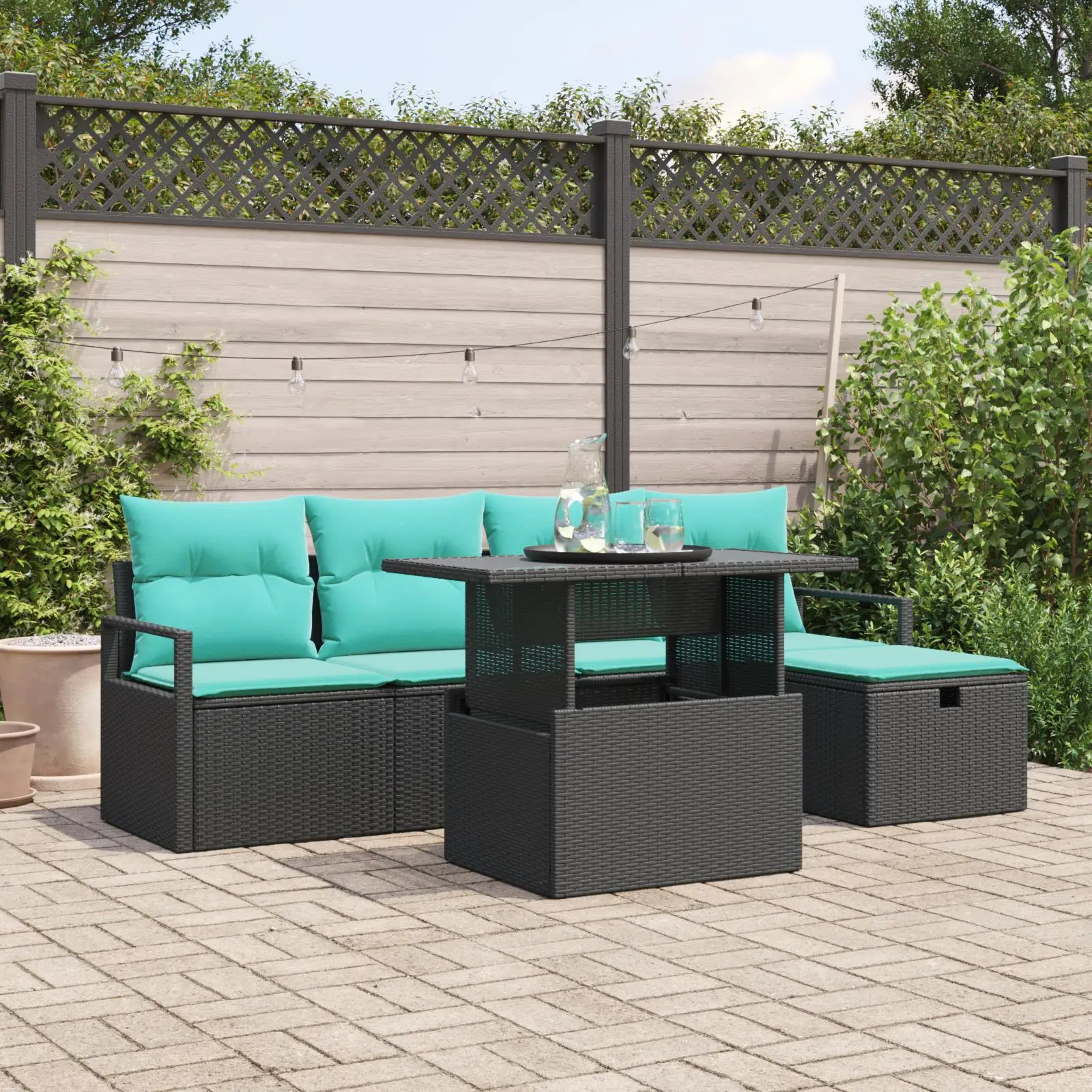 

Elegant 6 Piece Outdoor Garden Sofa Set with Cushions Black Wicker Comfortable Patio Furniture