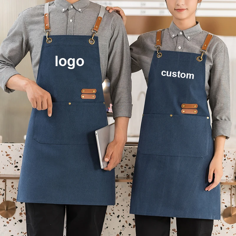 Washed Canvas Apron Custom Unisex Work Robe Catering Server Overol Cross Back Strap Hairdresser Mandiles Original Logo Design