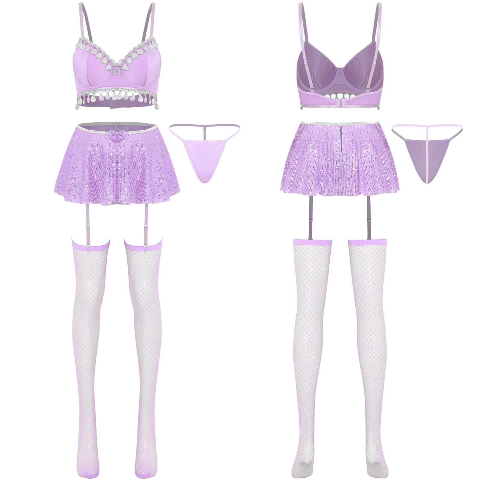 

Womens Sequin Trim Lingerie Outfits 4 Piece Underwired Bra with T-back Thongs Mini Skirt Stockings Sets Naughty Sleep Nightwear