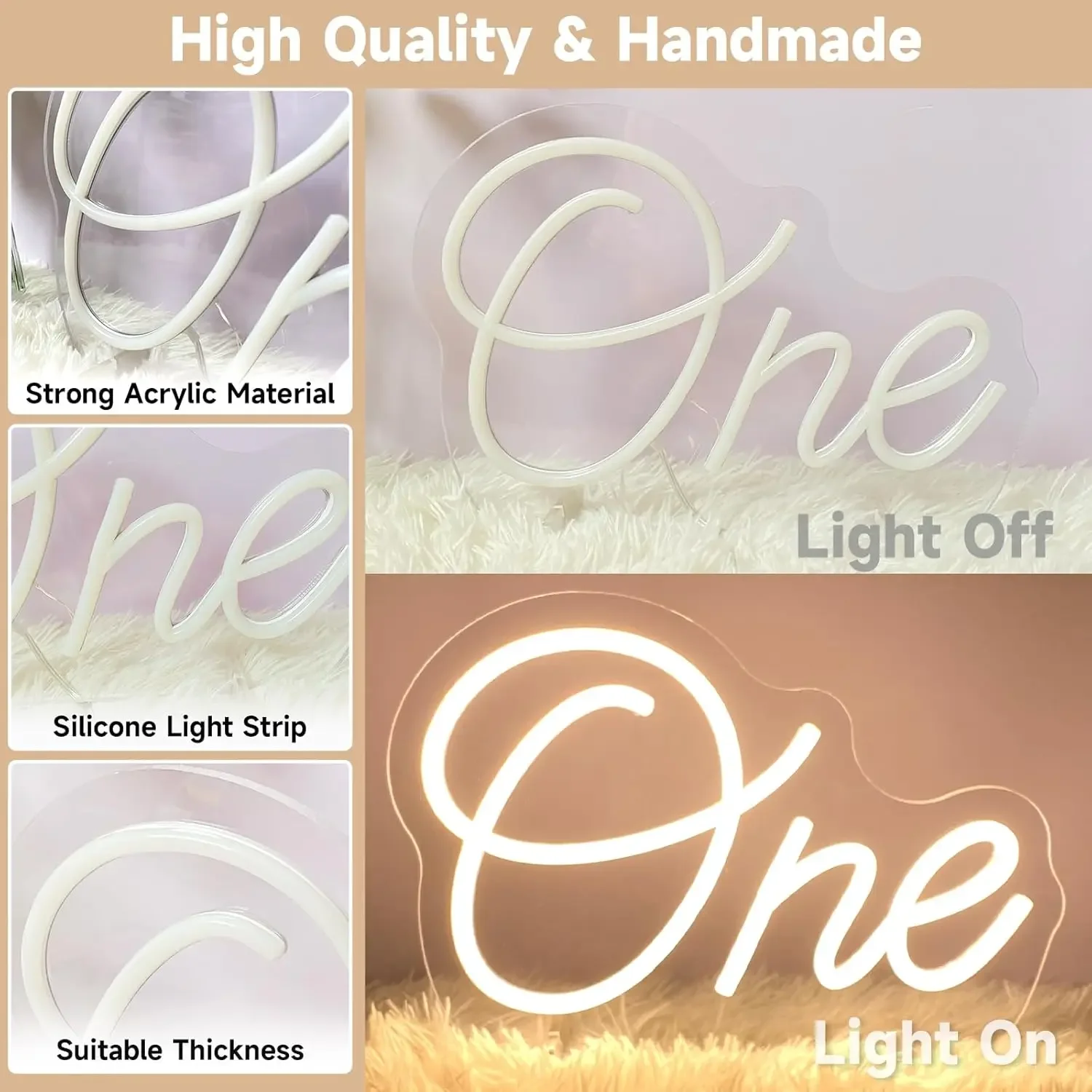 Cursive One Number Neon Sign USB Power Dimmable LED Neon Light for 1st Birthday Party Baby Shower Photo Booth Kid Bedroom Decor