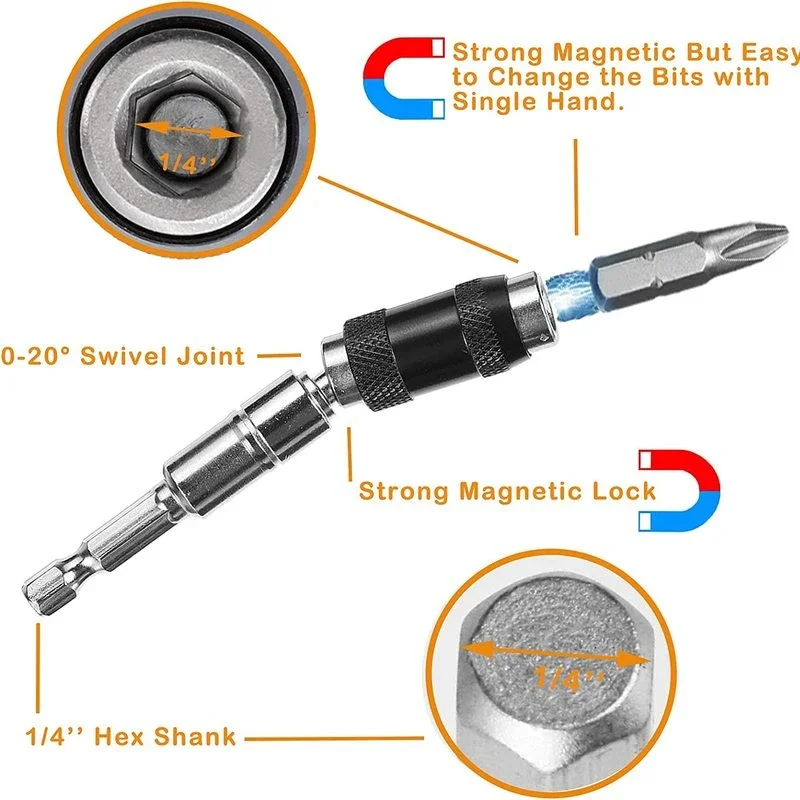 Adaptador de ángulo magnético hexagonal 1/4 para destornillador, broca de bloqueo pivotante, guía de soporte rápido, varilla de extensión para