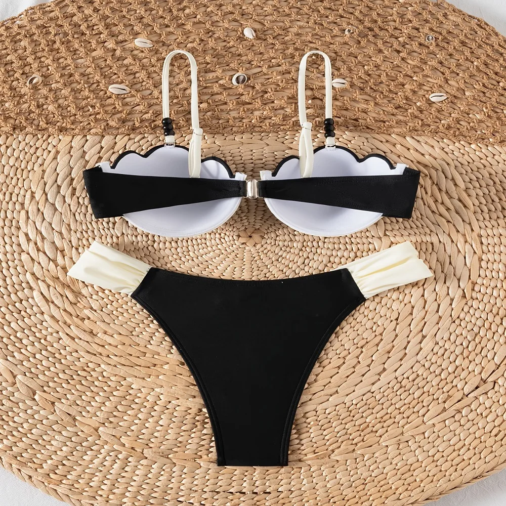 Women Underwire Contrast Bikini Set Shell Molded Cup Spaghetti Strap Top with Beads and Ruched Side Bottom 2 Piece Swimsuit