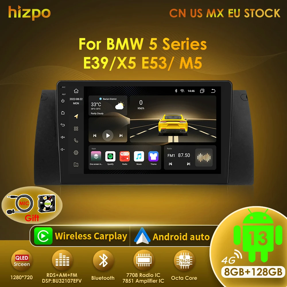 Hizpo 4G AI Voice 2 Din Android Auto Radio Multimedia Video Player for BMW 5 E39 1995 - 2003 E53 X5 M5 Navigation GPS Carplay