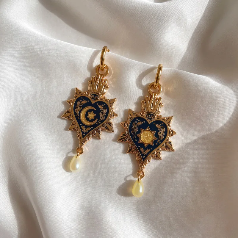 Retro Flame Love Oil Drop Earrings Star Moon Sun Relief Pearl Water Drop Earrings