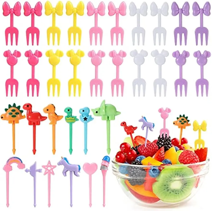 32Pcs Food Picks for Kids Cute Cartoon Mickey Unicorn Dinosaur Fruit Forks Reusable Toddler Mini Toothpick Lunch Box Accessories