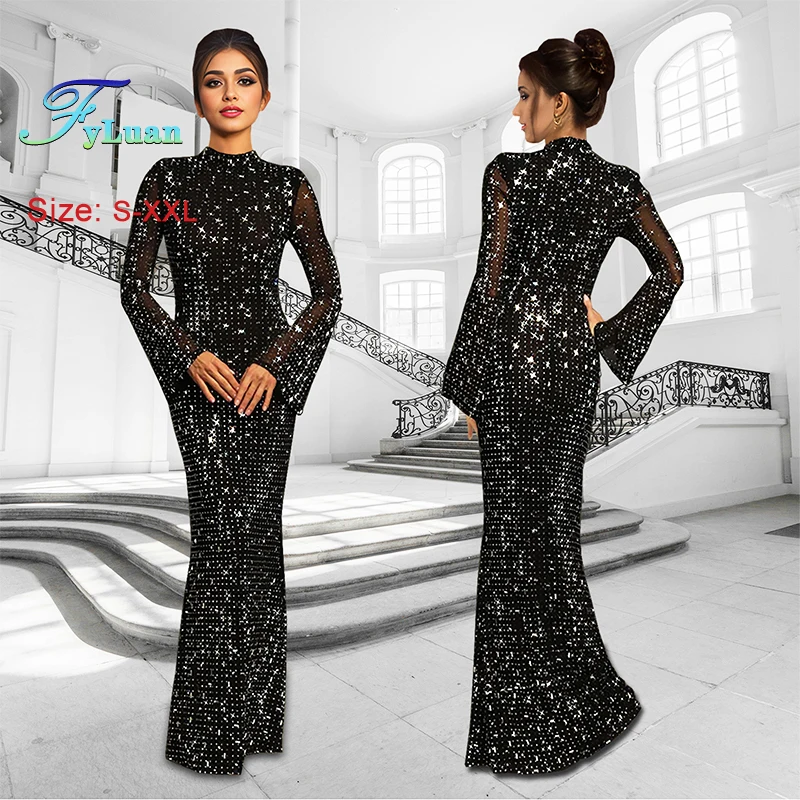 

2025 New Diamonds Hot Rhinestones O-neck Women Full Sleeve Mesh Long Dress Temperament Birthday Party Evening Prom Robes Clothes