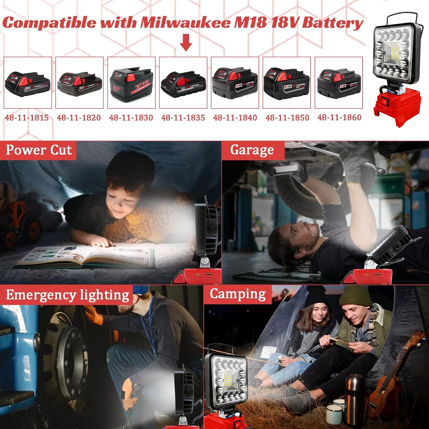 

LED working lantern For Makita/Dewalt/Milwaukee 14.4V 18V Li-ion battery 4 inch with Dual USB hook Lamp Hand Lantern Spotlight