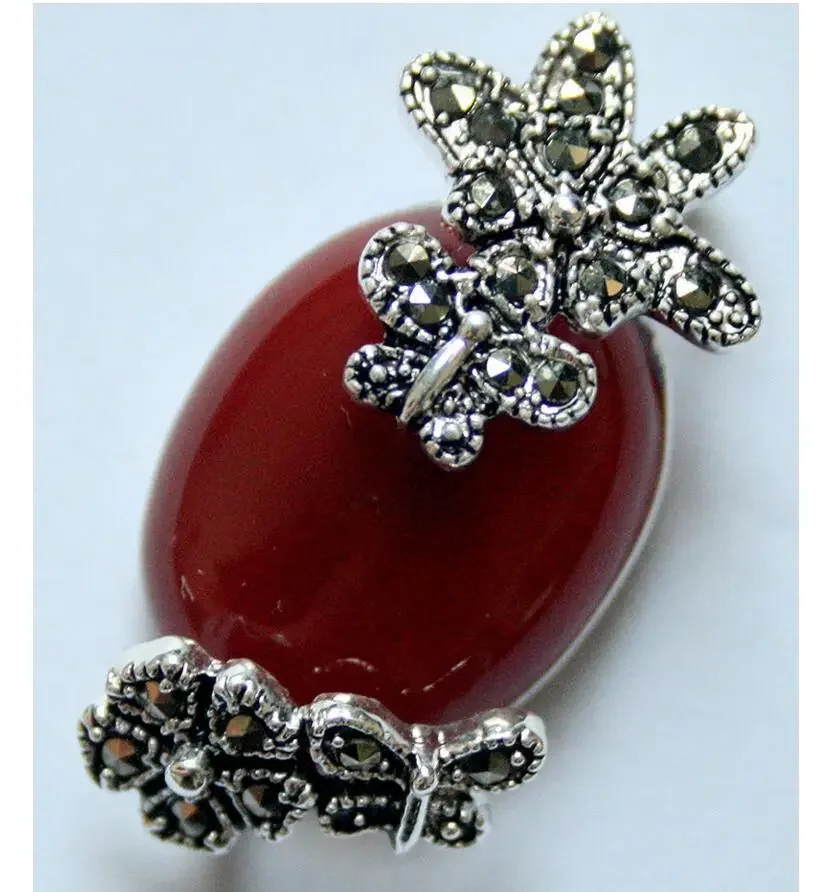 

vintage 925 silver natural 30*20 red Natural jade flower marcasite pendent gem