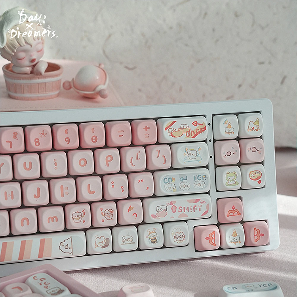 Teclado mecânico sublimado personalizado, linda aliança Keycap, Moa PBT, rosa DIY, desenhos animados brancos Keycaps, 145-chaves