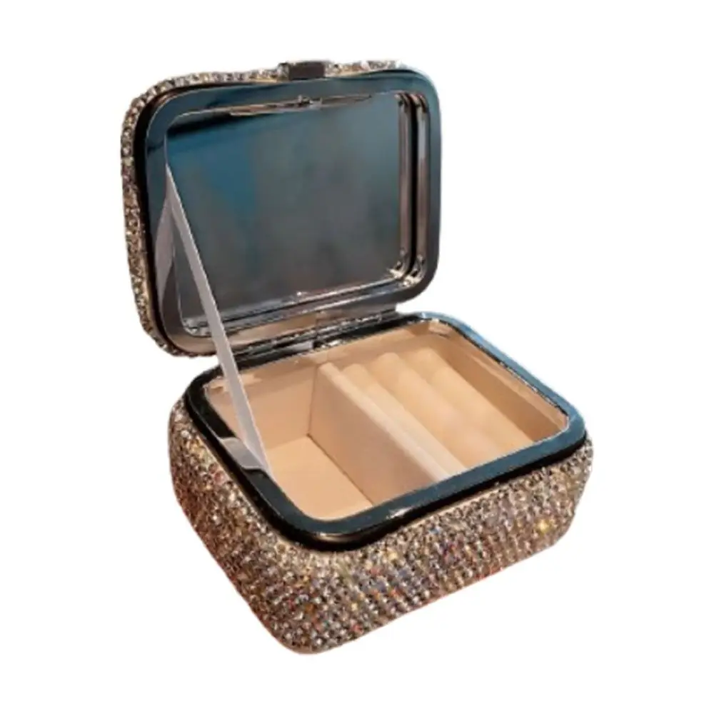 

Bling Mini Jewelry Box with Mirror Creative Luxury Diamond Jewelry Box Minimalistic Rhinestone Travel Jewelry Display Stand