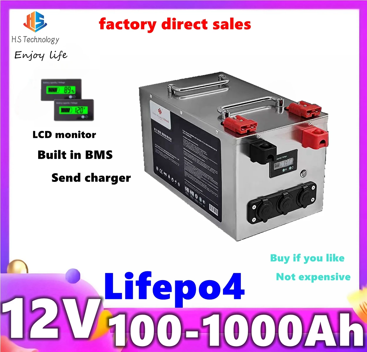 

HS 12V Lifepo4 100Ah Battery 200Ah 300Ah 400Ah 500Ah 600Ah 800Ah 1000Ah for 1KW 2KW Off-Grid Backup Power Solar System Outdoor