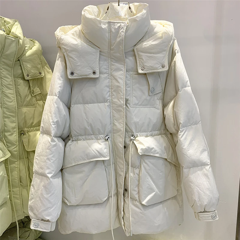 Chaquetas de plumón con capucha para mujer, abrigos térmicos ajustados con cordón y bolsillos grandes, ropa de abrigo cálida gruesa sólida, moda coreana