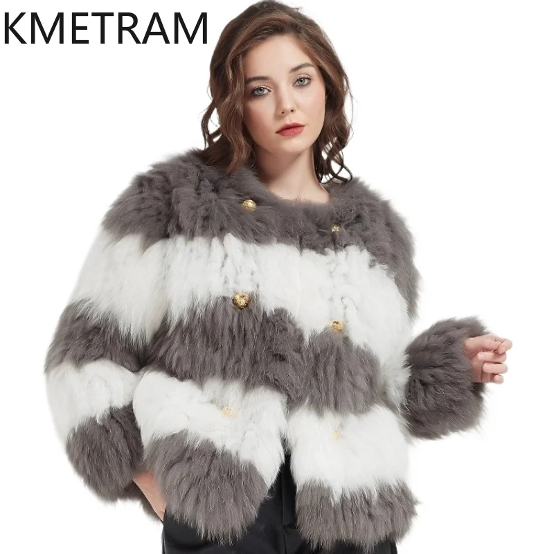 

KMETRAM 100% Fox Fur Coat Woman Striped Color-Block Jacket Real Fur Coats Autumn-Winter Short Simple Clothing 2025 шуба женская