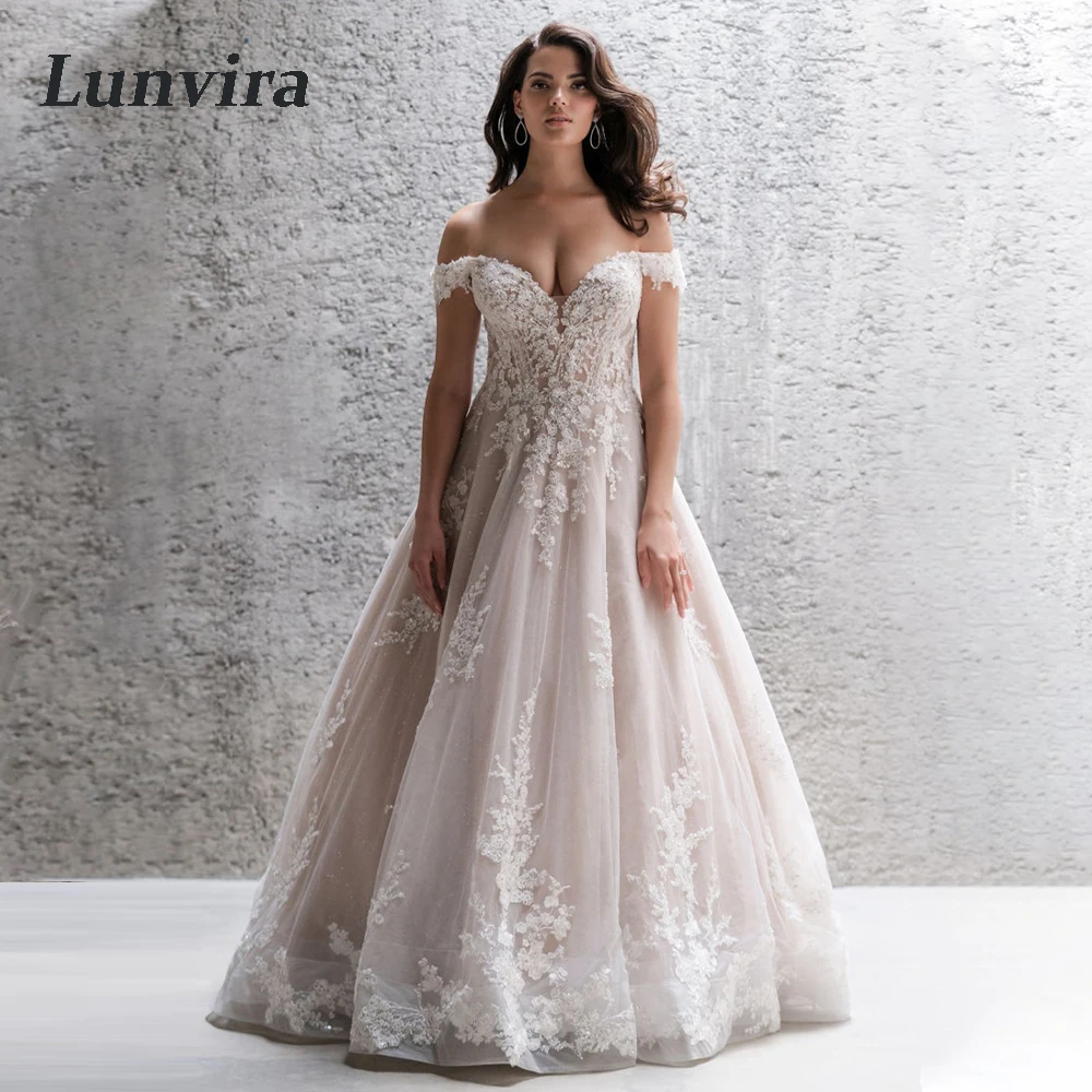 Lunvira Trendy V-neck Wedding Dress Off the Shoulder Lace Appliques A-line Court Train Robe De Mariee Customized Drop Ship
