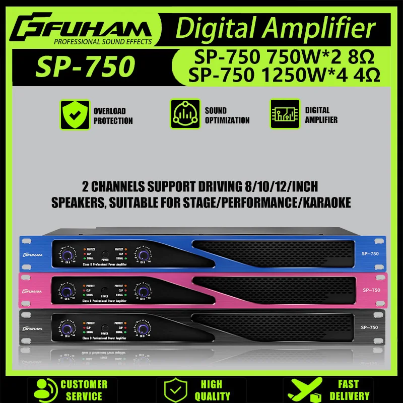 Image of FUHAM SP-750 Digitaler Leistungsverstärker, leichter 2-Kanal-Verstärker, 1 HE, 8 Ohm, 750 W, geeignet für Bühnenverstärker