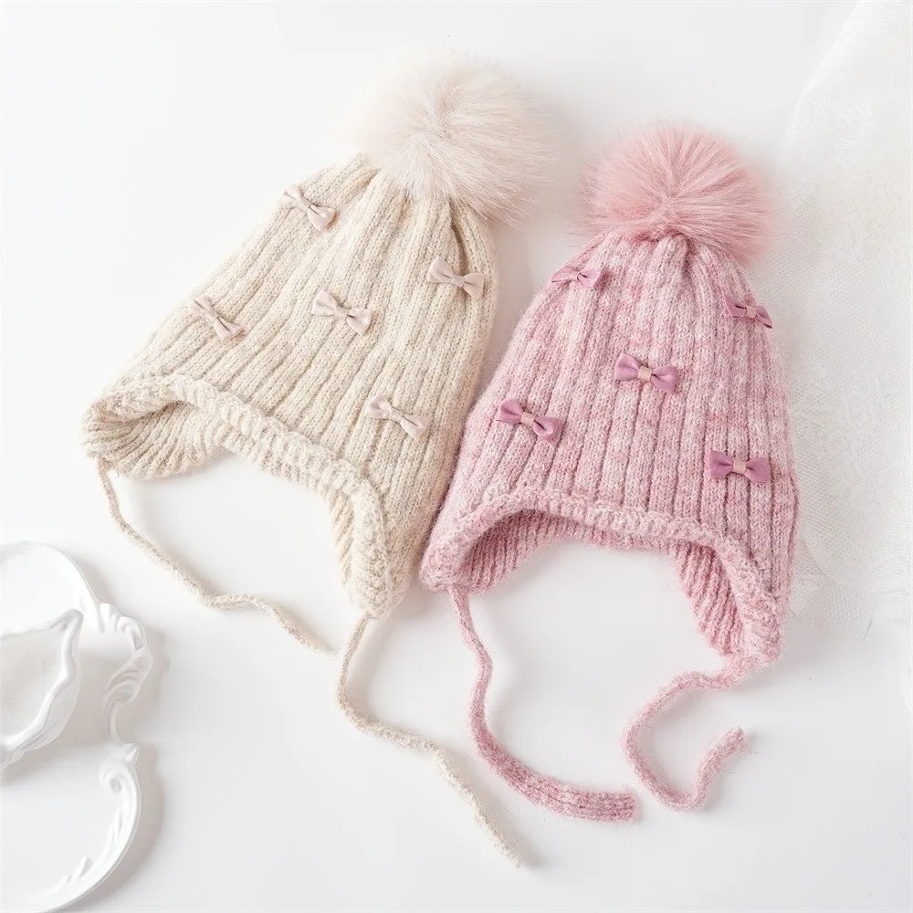 

Cute Pompom Bows Children Winter Hat Ears Protection Fleece-lined Girl Cap Thicken Kids Bonnet Hat Winter