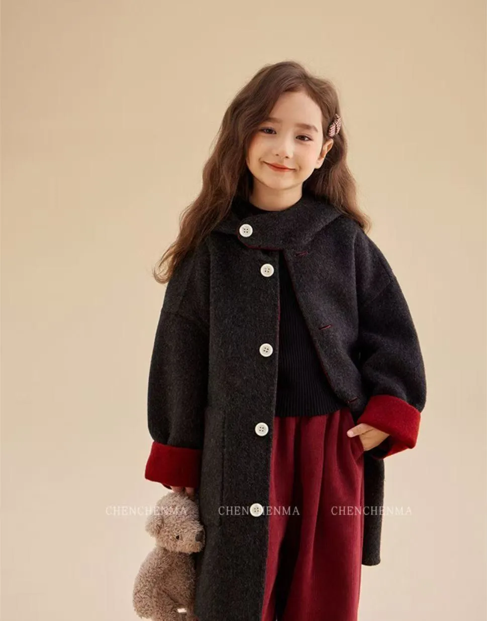 

Kids Autumn And Winter Children's Wool Coat Fashion 2025 New Style Girls Wear Double Sided Long Hooded Coat 110-170cm