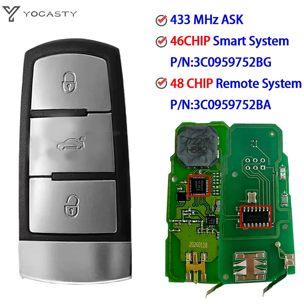 

YOCASTYP/N:3C0959752BG 3C0959752BA ID46/ID48 Chip 433MHz Smart Remote Car Key For VW Passat B6 3C B7 Magotan CC 2004-2015
