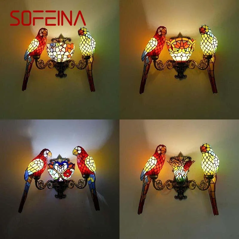 SOFEINA Tiffany parrot Wall Lamps American countryside Children's room Homestay Villa Hotel Stained Glass Animal Decoration Lamp