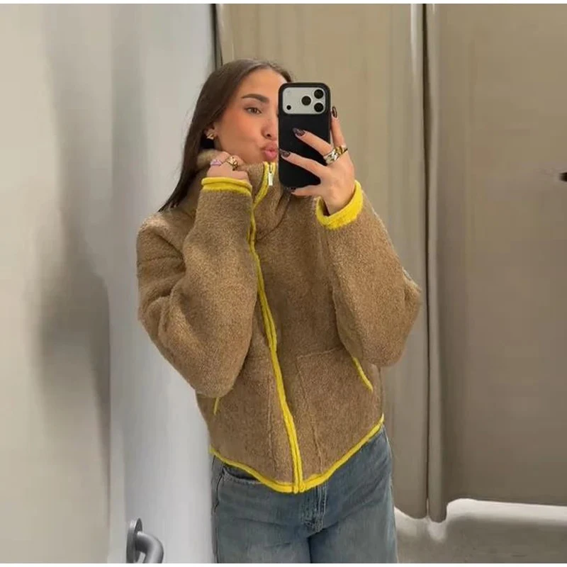 Women Casual Knitted Coat Solid Stand Collar Full Sleeve Zipper Loose Cropped Coats 2026 Female Daily Commute Fashion Outerwear