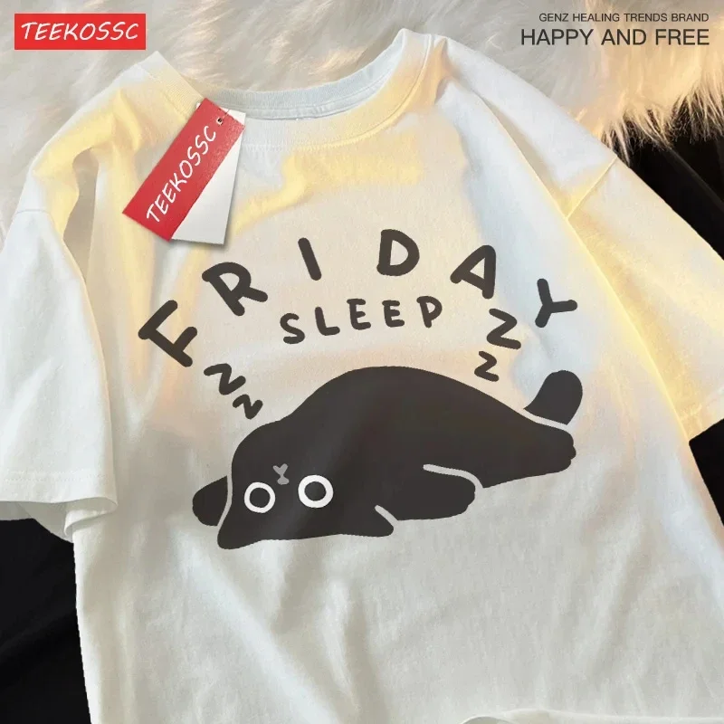Monday Sleep Fun Unisex Cat Style Cotton Summer Short Sleeved t-shirt For Men Women Japan Couple Fun Clothing Street Hip Hop Tee