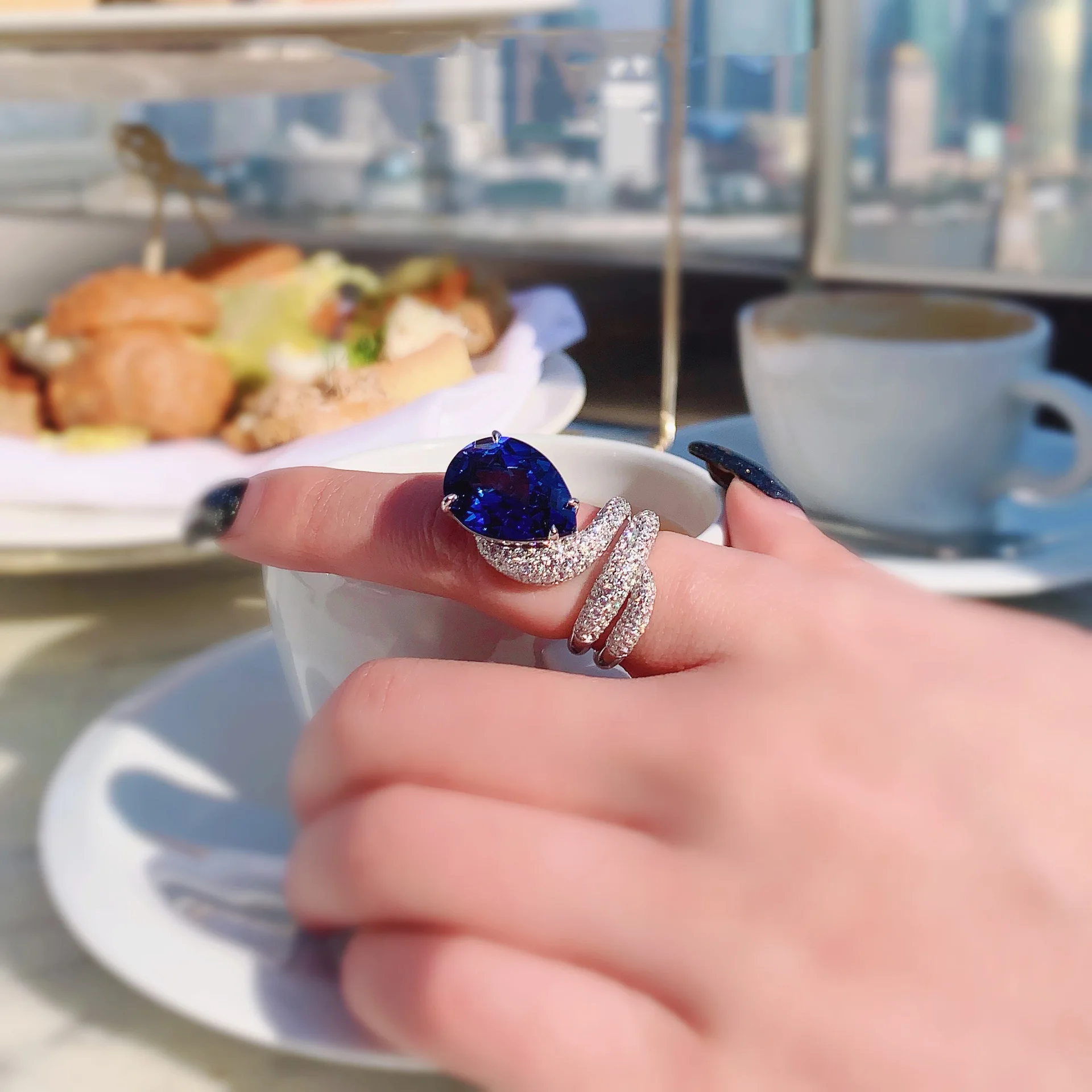 Luxury Real Solid Silver Wedding Cocktail Engagement Rings for Women 925 Pure Silver Drop Blue Sapphire Gemstone Ring Jewelry