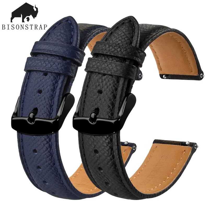 BISONSTRAP Texture Leather Watch Strap Belt for Men Women 18mm 20mm 22mm Bracelets Watchband Quick Replacement Black Buckle