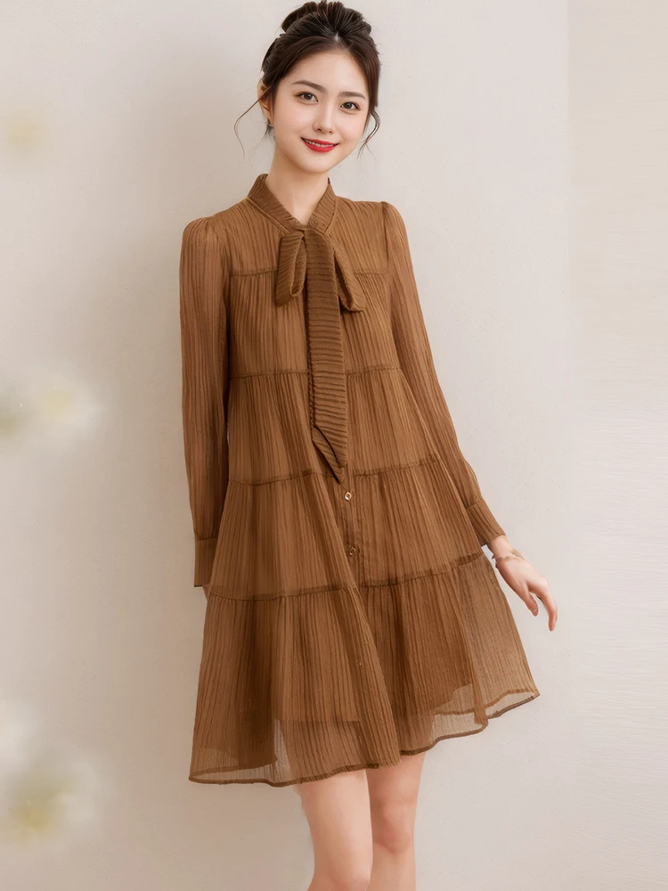 2025 New Black Chiffon Chic Bow Stand Collar Mini Dress Spring Summer Long Sleeve Bodycon Dress Women Elegant Casual Party Dress