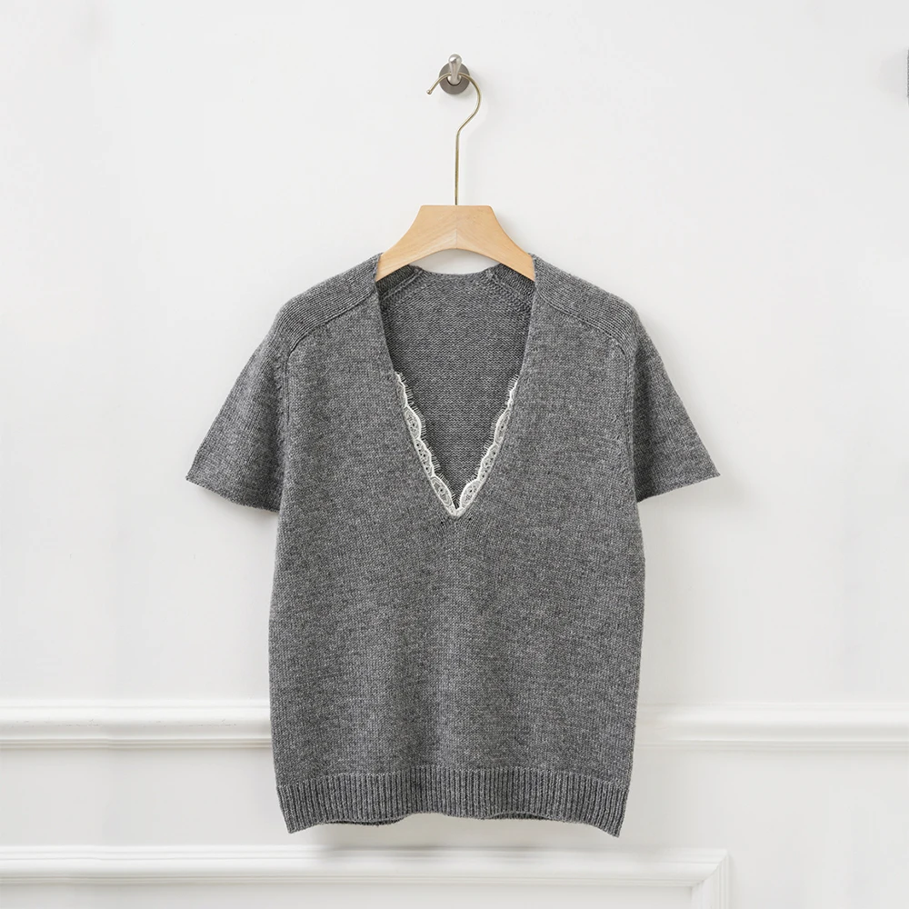 

100% Wool Lace-Panel Women's T-Shirt Minimalist Elegant Commuter V-Neck Short-Sleeve Knit Top Tees 2026 Spring New Arrival Y2K