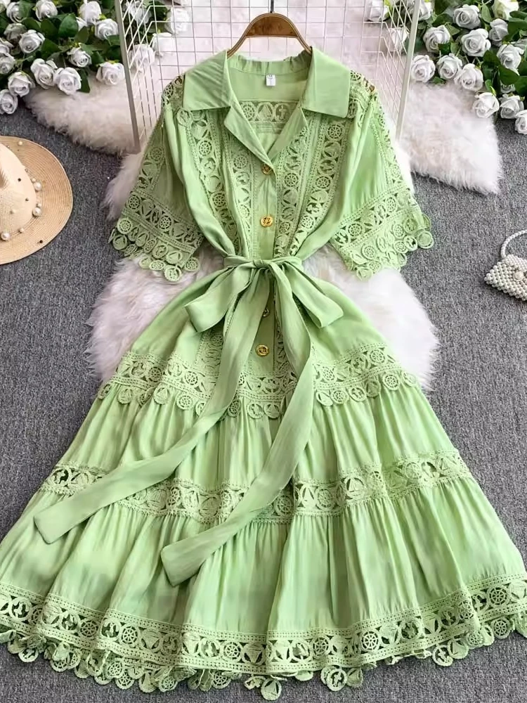 

French Elegant Dresses Solid Color Hook Flower Hollow Turn Down Collar Dress Lace-up Female Slim Summer 2025 New Women Clothing