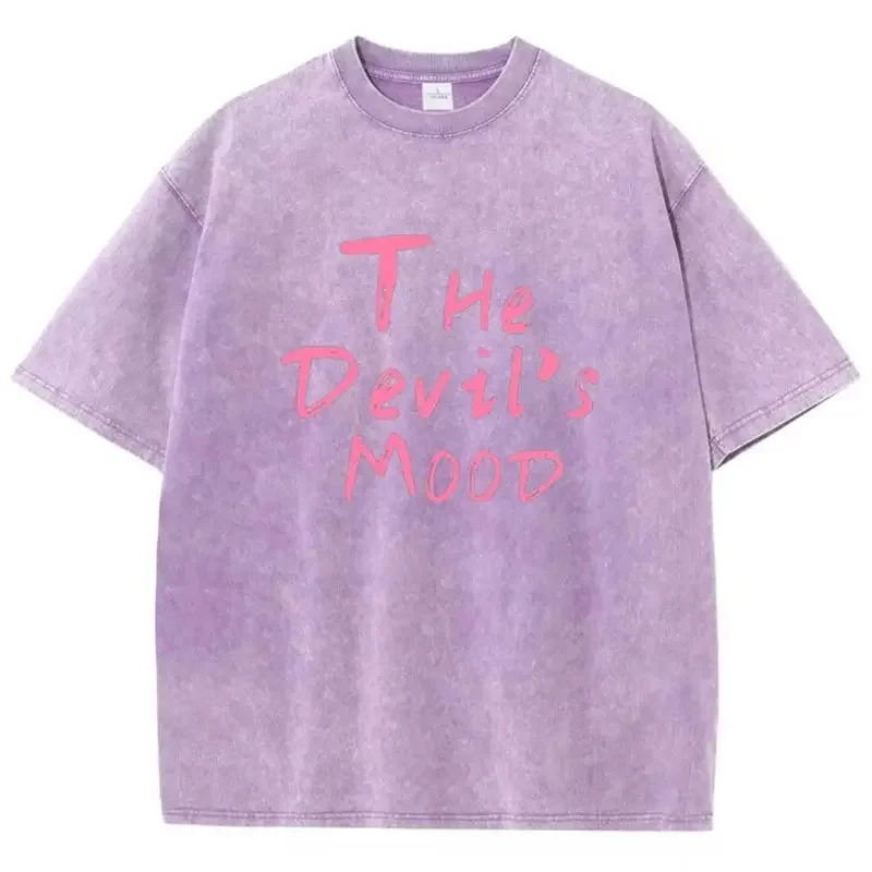 Fashion Womans Cotton Washed T-shirts The Devil's Moon Letter Prints Tops Casua… - Image 5