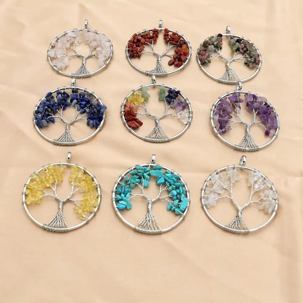 Women Men Rainbow 7 Chakra Tree Of Life Spall Stone Crystal Chips Natural Stone Necklace Pendant Fashion Jewelry Accessories