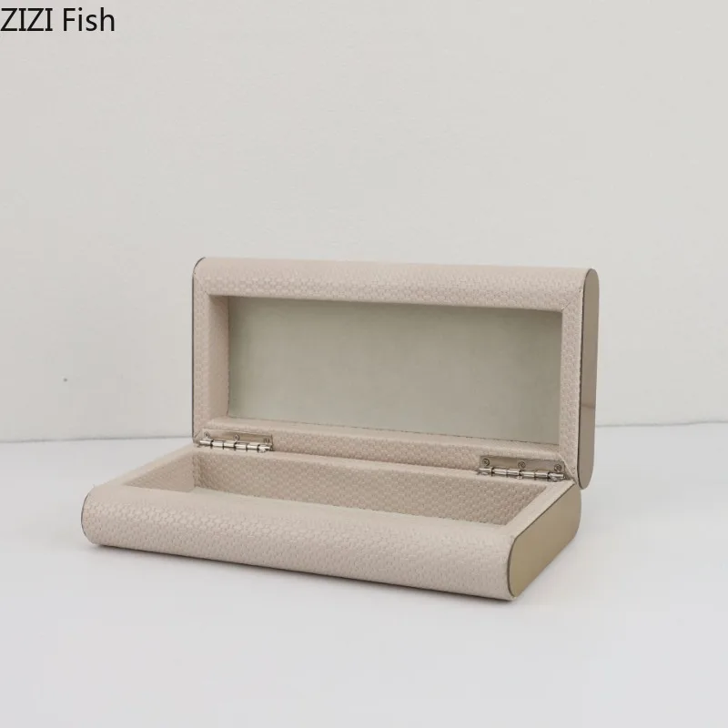 Beige Leather Metal Edged Storage Box Decorative Boxes Ornament Storage Bin Storage Organizer Jewelry Box Display Boxs Tray
