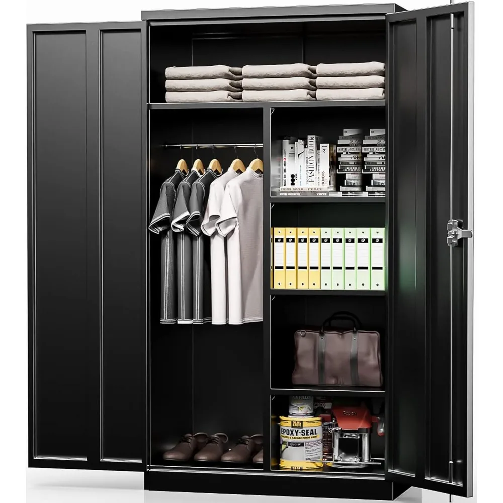 

Metal Wardrobe Cabinets with Lock, 72" Clothing Storage Cabinets with Hanging Rod and 4 Adjustable Shelves, Armoire Wardrobe fo