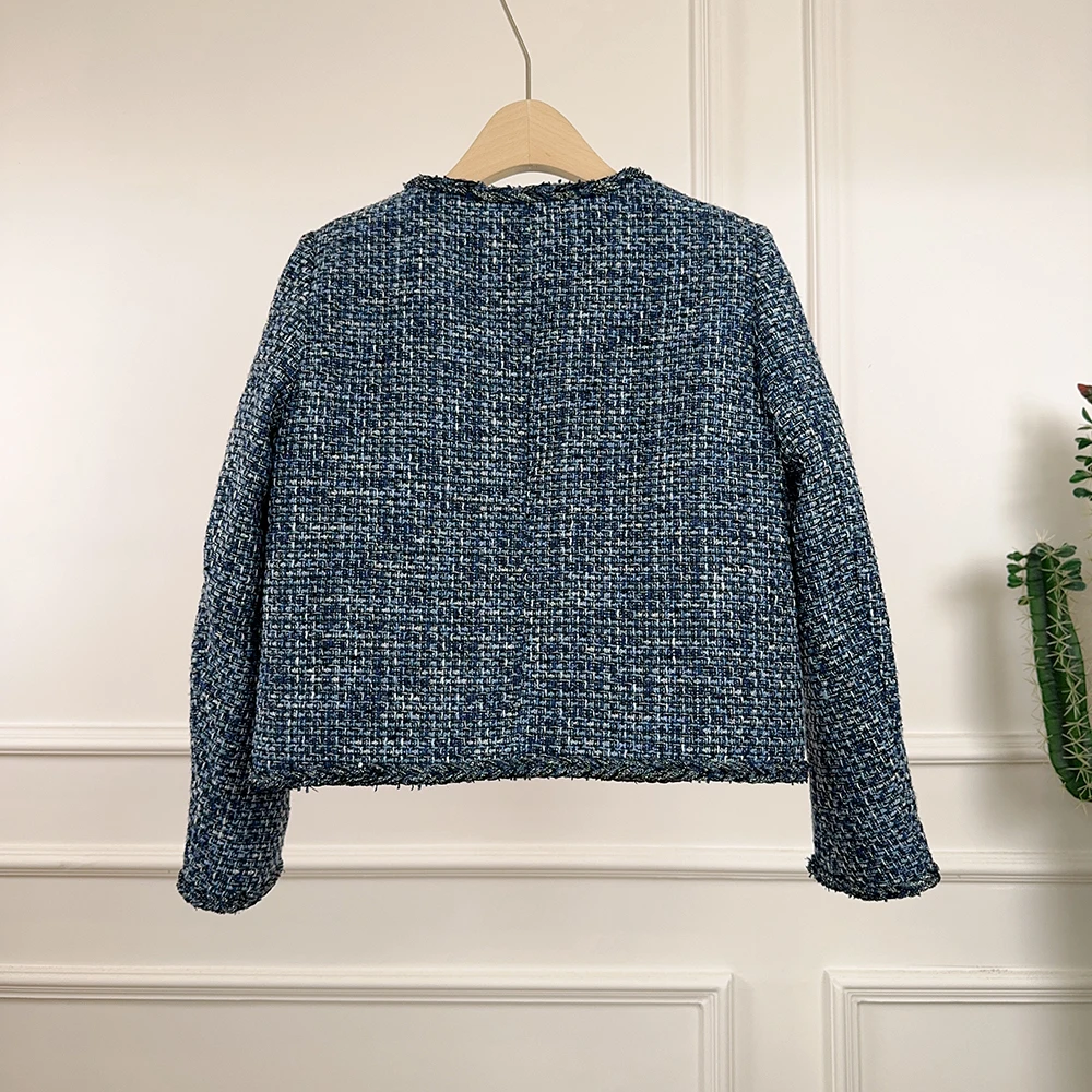 ALPHALMODA 2025 جديد، أزرق وأبيض، سترة قصيرة من التويد، رقبة دائرية، زهرة ثلاثية الأبعاد، مزينة، حافة خام، الجزء العلوي السفلي