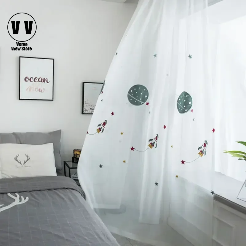 

Modern Cartoon Spaceship Printed Tulle Curtains For Children's Bedroom Sheer Voile Curtain For Livingroom Kids Treatments Decor