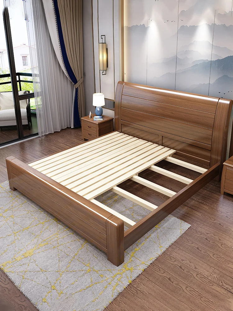 Modern and minimalist Chinese style full solid wood bed, golden walnut wood bed, 1.8m double bed, master bedroom, king bed,