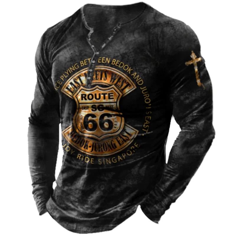 Vintage T-shirt For Men Cotton Tee Route 66 Graphic T Shirts 3D Printing Long Sleeve Tees V-Neck Oversized Men's Clothing Tops