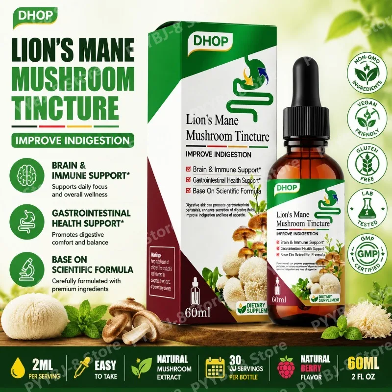 Lion's Mane Liquid Drops 60ml with 600mg Naturally Extracted Lion's Mane Mushroom Helps Improve Indigestion and Enhance Immunity