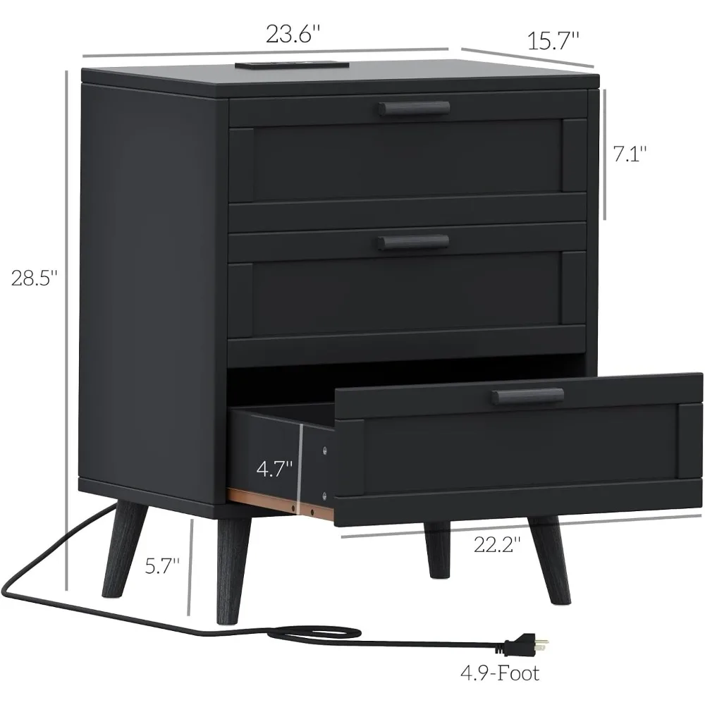 Nightstand with Charging Station, Night Stand with 3 Drawers, Accent End Table, Bedside Table with USB Ports and AC Outlets