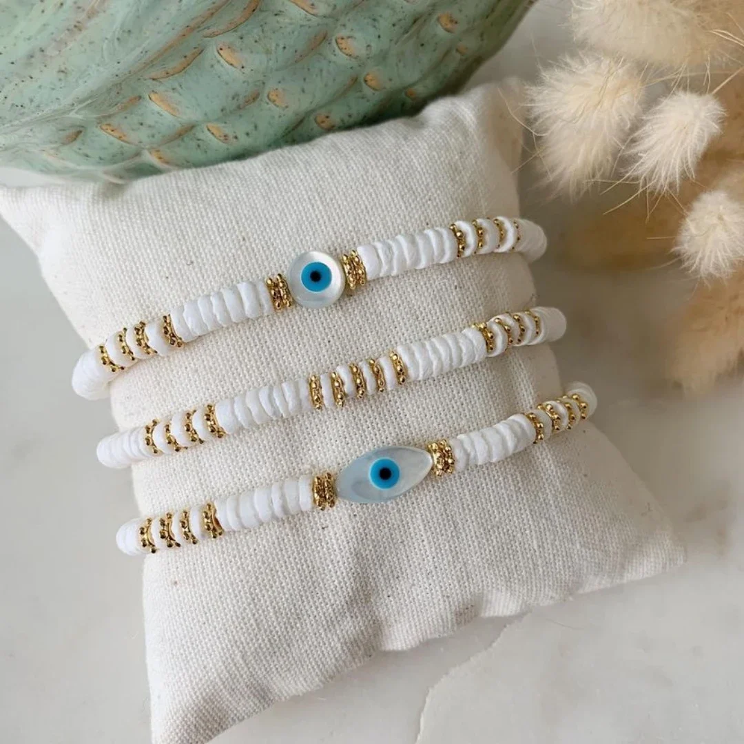 

CCGOOD Turkish Evil Eye Natural Shell Disc Bracelets 18 K Golden Plated Bracelet for Women Boho Summer Beach Jewelry