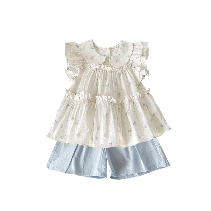 طقم بناتي 2025 صيفي جديد على الطراز الكوري بأكمام طائرة وطية صدر السترة بدون أكمام قميص وسراويل قصيرة طقم تصميم جديد #6